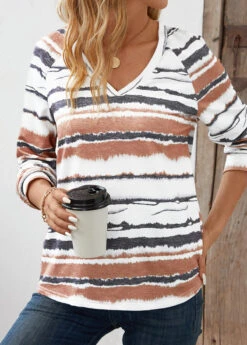 White Patchwork Striped Long Sleeve V Neck T Shirt -Modlily Shop 344032 P 16984064338693