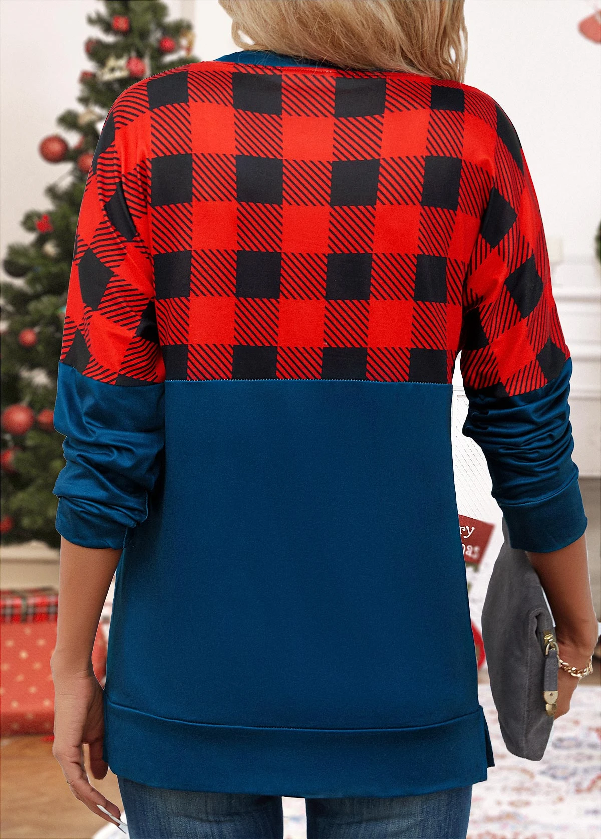 Navy Patchwork Plaid Long Sleeve Round Neck Sweatshirt 4 Navy Patchwork Plaid Long Sleeve Round Neck Sweatshirt - Image 2