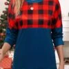 Navy Patchwork Plaid Long Sleeve Round Neck Sweatshirt -Modlily Shop 344037 P 16986614811970