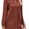 Brick Red Pocket Long Sleeve Round Neck T Shirt -Modlily Shop 344041 P 1697016477806