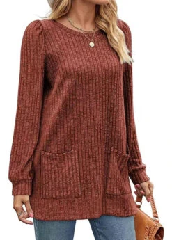 Brick Red Pocket Long Sleeve Round Neck T Shirt