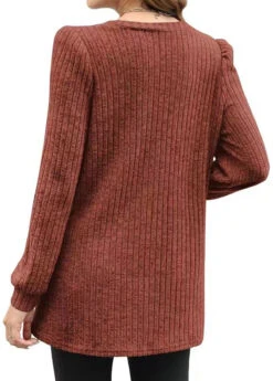 Brick Red Pocket Long Sleeve Round Neck T Shirt -Modlily Shop 344041 P 1697016478733