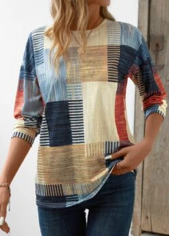 Multi Color Patchwork Geometric Print Long Sleeve T Shirt -Modlily Shop 344140 P 16981475746750