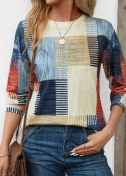 Multi Color Patchwork Geometric Print Long Sleeve T Shirt -Modlily Shop 344140 P 16981475747654