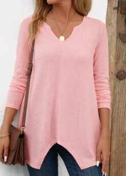 Light Pink Asymmetry Long Sleeve Split Neck T Shirt -Modlily Shop 344142 P 16984065474113