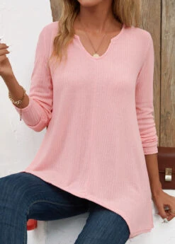 Light Pink Asymmetry Long Sleeve Split Neck T Shirt -Modlily Shop 344142 P 16984065475474