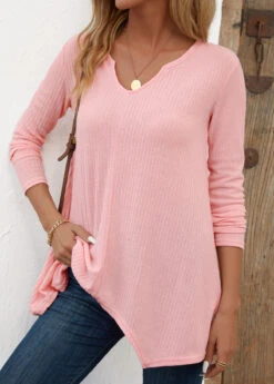 Light Pink Asymmetry Long Sleeve Split Neck T Shirt -Modlily Shop 344142 P 16984065475822