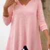 Light Pink Asymmetry Long Sleeve Split Neck T Shirt -Modlily Shop 344142 P 16984065479040