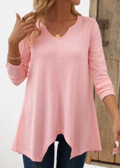 Light Pink Asymmetry Long Sleeve Split Neck T Shirt