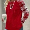 Red Lace Up Plaid Long Sleeve Split Neck Sweatshirt -Modlily Shop 344190 P 1697188035104