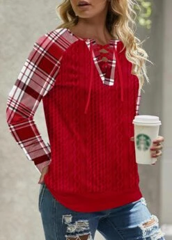 Red Lace Up Plaid Long Sleeve Split Neck Sweatshirt -Modlily Shop 344190 P 1697188036757