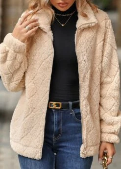 Light Camel Zipper Long Sleeve Turn Down Collar Coat