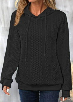 Black Drawstring Long Sleeve Twisted Hoodie -Modlily Shop 344240 P 16971920536392