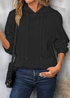 Black Drawstring Long Sleeve Twisted Hoodie -Modlily Shop 344240 P 16971920536463