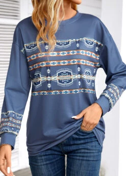 Blue Tribal Print Long Sleeve Round Neck Sweatshirt -Modlily Shop 344252 P 16986614924372