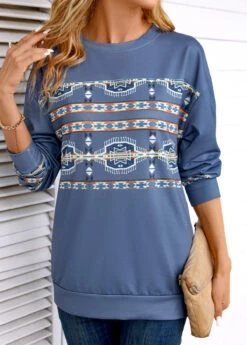 Blue Tribal Print Long Sleeve Round Neck Sweatshirt -Modlily Shop 344252 P 16986614927964