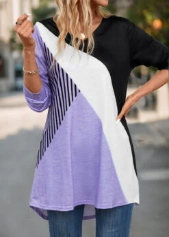 Light Purple Asymmetry Geometric Print Long Sleeve T Shirt -Modlily Shop 344253 P 16983146402614
