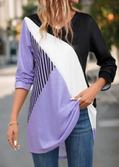Light Purple Asymmetry Geometric Print Long Sleeve T Shirt -Modlily Shop 344253 P 16983146409483
