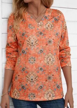 Orange Patchwork Tribal Print Long Sleeve V Neck Sweatshirt -Modlily Shop 344268 P 16984064020172