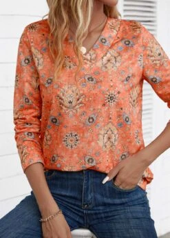 Orange Patchwork Tribal Print Long Sleeve V Neck Sweatshirt -Modlily Shop 344268 P 16984064021994