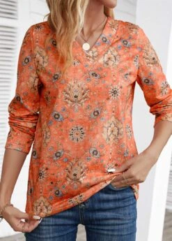 Orange Patchwork Tribal Print Long Sleeve V Neck Sweatshirt -Modlily Shop 344268 P 16984064029023