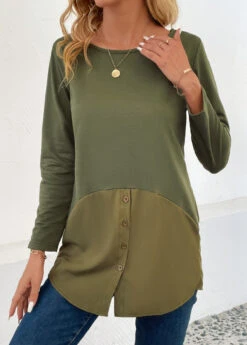 Olive Green Patchwork Long Sleeve Round Neck T Shirt -Modlily Shop 344319 P 16989205935473