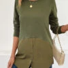 Olive Green Patchwork Long Sleeve Round Neck T Shirt -Modlily Shop 344319 P 16989205936510