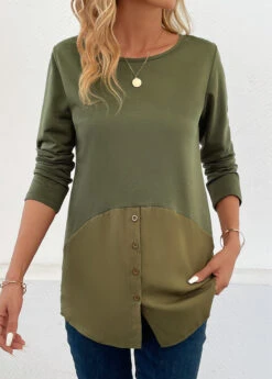 Olive Green Patchwork Long Sleeve Round Neck T Shirt -Modlily Shop 344319 P 16989205937392