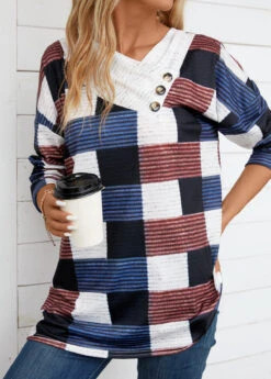 Beige Patchwork Geometric Print Long Sleeve T Shirt -Modlily Shop 344388 P 16984063675353