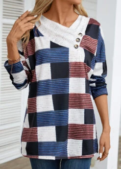 Beige Patchwork Geometric Print Long Sleeve T Shirt