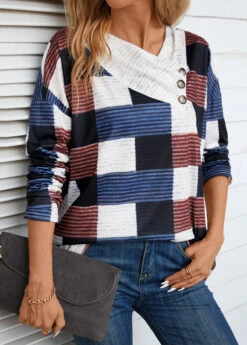 Beige Patchwork Geometric Print Long Sleeve T Shirt -Modlily Shop 344388 P 16984063677765