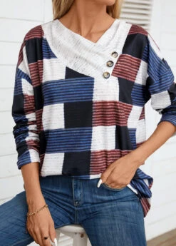 Beige Patchwork Geometric Print Long Sleeve T Shirt -Modlily Shop 344388 P 16984063679184