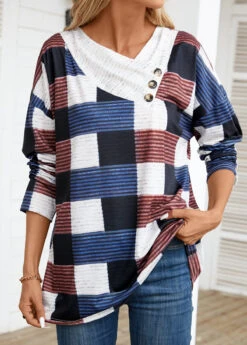 Beige Patchwork Geometric Print Long Sleeve T Shirt -Modlily Shop 344388 P 16984063679622