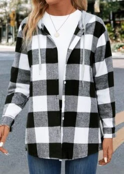 Black Button Plaid Long Sleeve Hooded Coat -Modlily Shop 344414 P 16983145802144