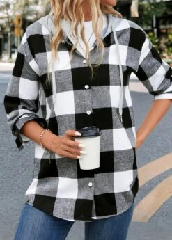 Black Button Plaid Long Sleeve Hooded Coat -Modlily Shop 344414 P 16983145807052