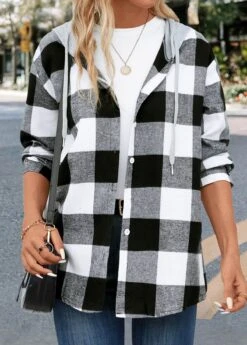 Black Button Plaid Long Sleeve Hooded Coat -Modlily Shop 344414 P 16983145807723