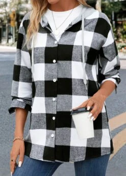 Black Button Plaid Long Sleeve Hooded Coat -Modlily Shop 344414 P 16983145808525