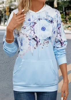 Light Blue Pocket Floral Print Long Sleeve Hoodie -Modlily Shop 344529 P 16984063589103