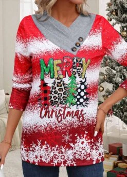 Red Button Christmas Print Long Sleeve T Shirt -Modlily Shop 344743 P 16988326240413