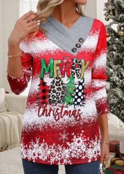 Red Button Christmas Print Long Sleeve T Shirt -Modlily Shop 344743 P 16988326242772