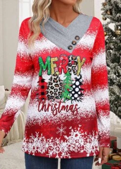 Red Button Christmas Print Long Sleeve T Shirt -Modlily Shop 344743 P 16988326248714