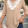 Light Camel Patchwork Long Sleeve Split Neck T Shirt