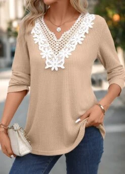 Light Camel Patchwork Long Sleeve Split Neck T Shirt