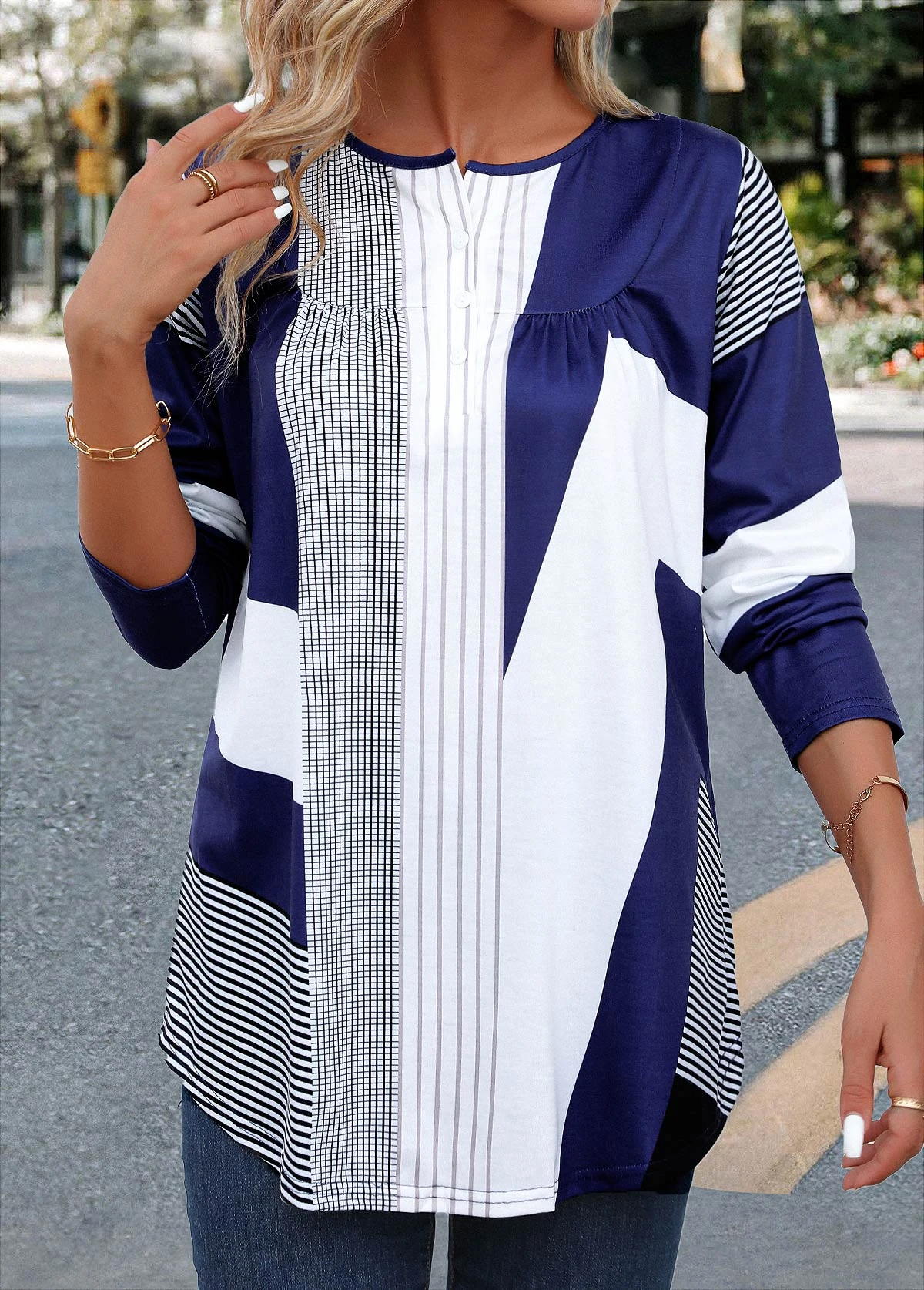 Multi Color Button Striped Long Sleeve T Shirt 6 Multi Color Button Striped Long Sleeve T Shirt - Image 4