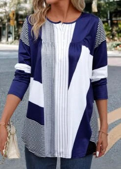 Multi Color Button Striped Long Sleeve T Shirt 11 Multi Color Button Striped Long Sleeve T Shirt -Modlily Shop 344819 P 16987494187184