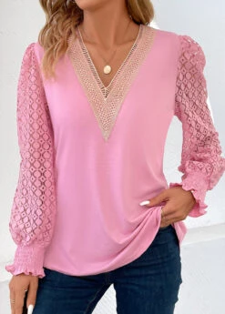 Pink Lace Long Sleeve V Neck T Shirt -Modlily Shop 344825 P 16989789434182
