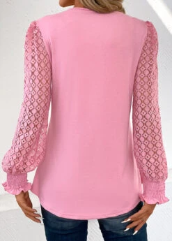 Pink Lace Long Sleeve V Neck T Shirt -Modlily Shop 344825 P 16989789438001