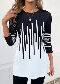 Black Patchwork Geometric Print Long Sleeve T Shirt -Modlily Shop 344829 P 16992691580533
