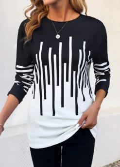 Black Patchwork Geometric Print Long Sleeve T Shirt