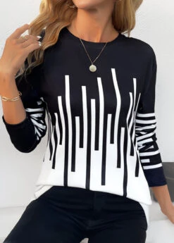 Black Patchwork Geometric Print Long Sleeve T Shirt -Modlily Shop 344829 P 16992691585314